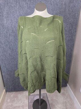 L Love Olive Green Knit Openwork Oversized Sweater 1XL/2XL Womens Loose Pullover